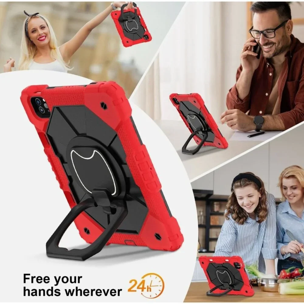 Shockproof Case For iPad Pro 11 Inch 2024 Red & Black With Screen Protector & St